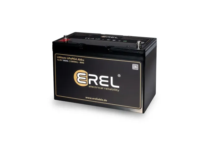 EREL LiFePO4 12,8V Akku 100Ah (1280Wh) Lithium Batterie für Wohnmobil, Solar und Boot